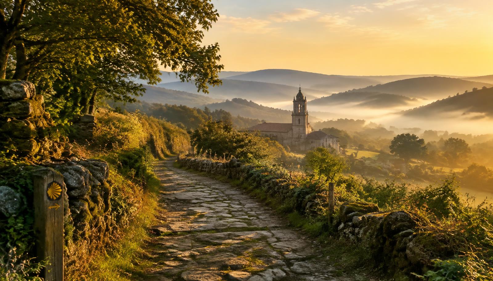 A stone pilgrim path through misty hills toward a distant church